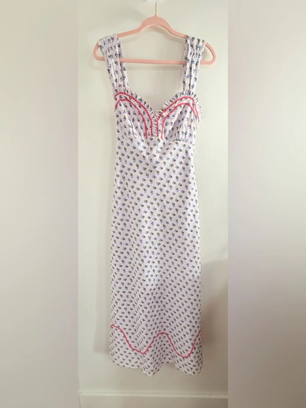 Free People White Midi Dress with Blue Floral Print and Pink Trim